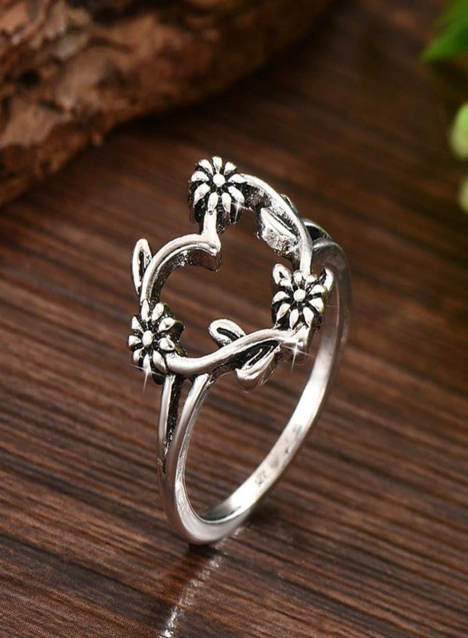 BlingNook Silver Rings For Women, Retro Flower Heart Ring Stackable Trendy Floral Engagement Elegant Statement Wedding Birthday Jewelry Gift (Retro Silver, 7) - Image 5